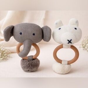 Zestt Organics Teether Rattle Baby Infant Lot 2 Gray Elephant White Bear RARE